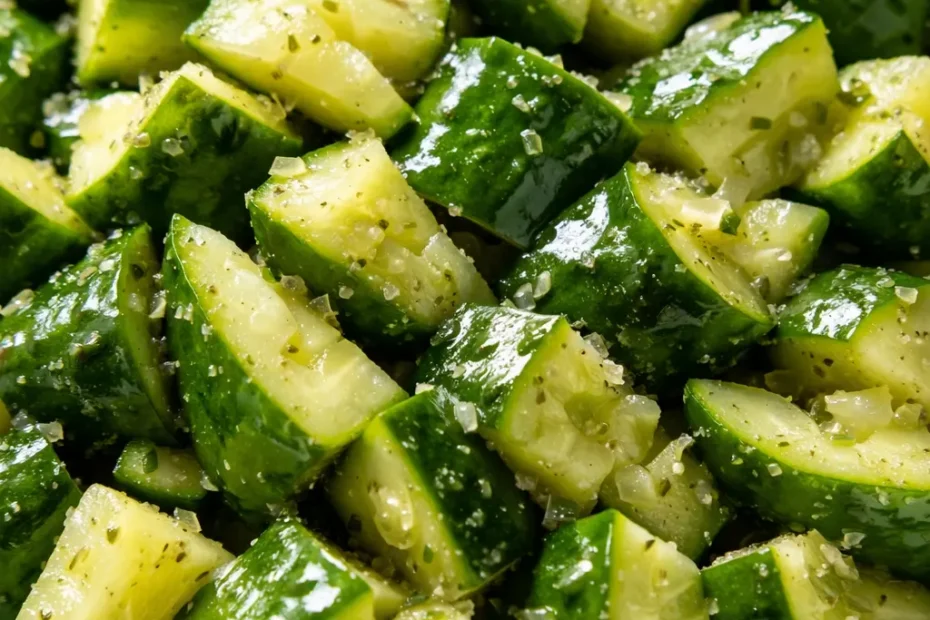 Asian Cucumber Salad with crunchy cucumber slices, red bell peppers, and a tangy dressing, garnished with sesame seeds and cilantro.