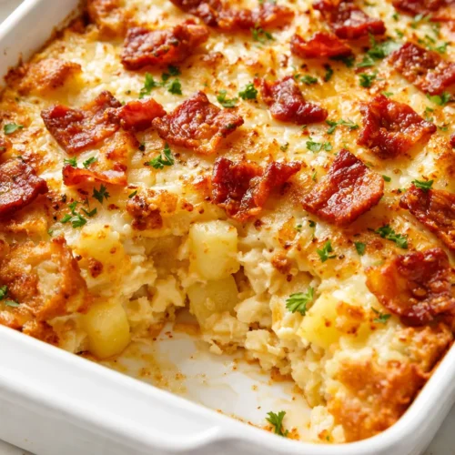 Creamy bacon, potato, cheese, and egg casserole with golden top, bubbly cheese, and crispy bacon bits.