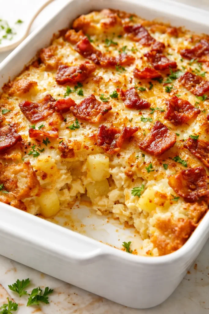 Creamy bacon, potato, cheese, and egg casserole with golden top, bubbly cheese, and crispy bacon bits.