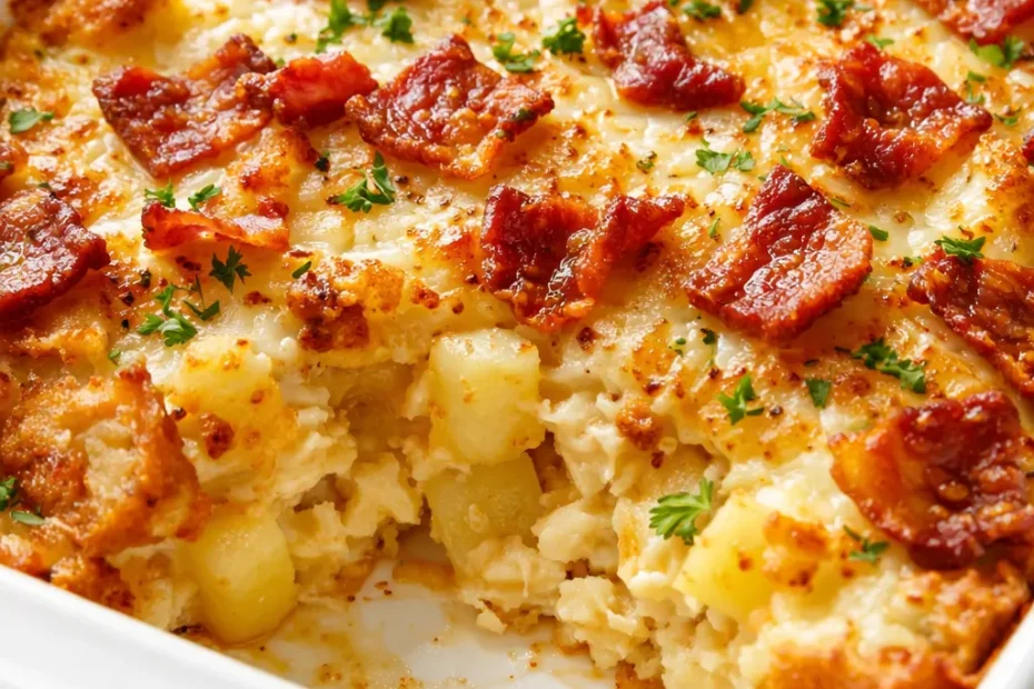 Creamy bacon, potato, cheese, and egg casserole with golden top, bubbly cheese, and crispy bacon bits.