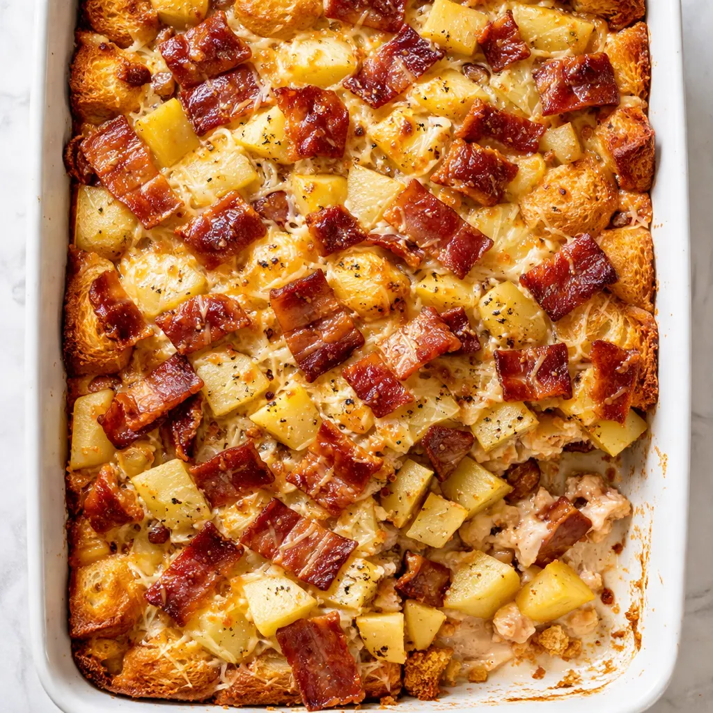 Layers of crispy bacon, sliced potatoes, shredded cheese, and beaten eggs in a casserole dish before baking, promising a creamy, non-soggy texture.