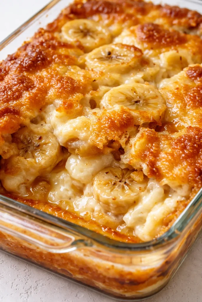 Golden buttery crust topping warm gooey banana cream cheese cobbler with creamy filling