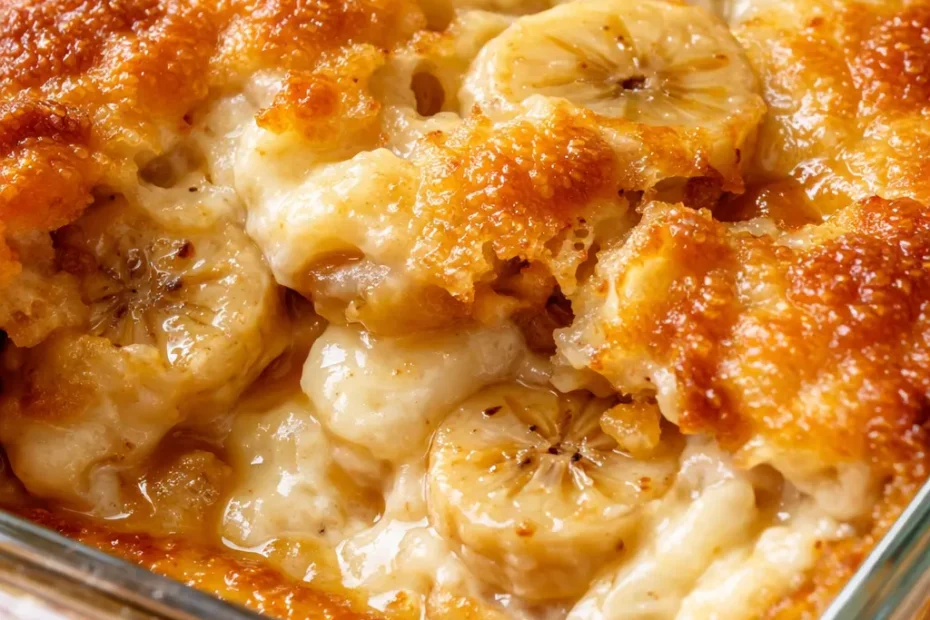 Golden buttery crust topping warm gooey banana cream cheese cobbler with creamy filling