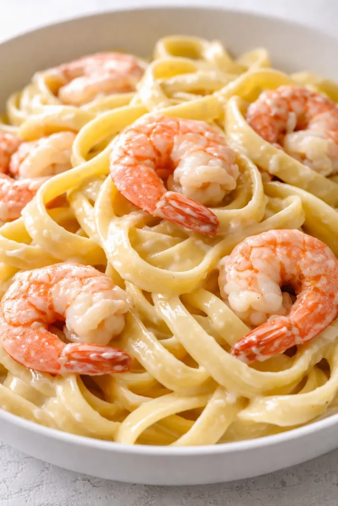 Creamy fettuccine alfredo with succulent shrimp, rich Parmesan sauce coating each noodle, garnished with fresh parsley and cracked black pepper.