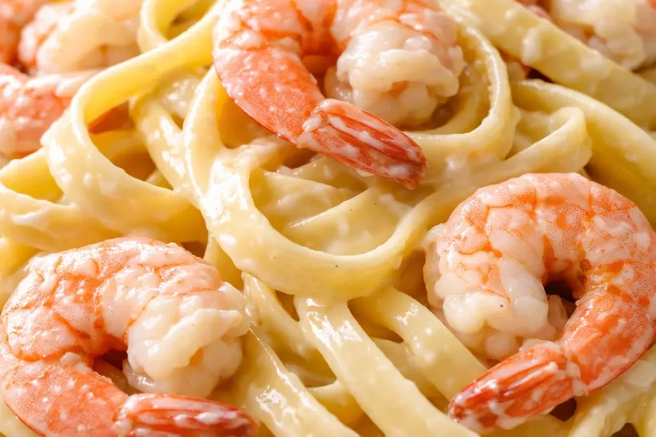 Creamy fettuccine alfredo with succulent shrimp, rich Parmesan sauce coating each noodle, garnished with fresh parsley and cracked black pepper.