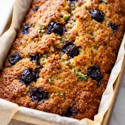 Moist blueberry banana zucchini bread with a golden crust, studded with juicy blueberries and topped with crunchy walnuts.