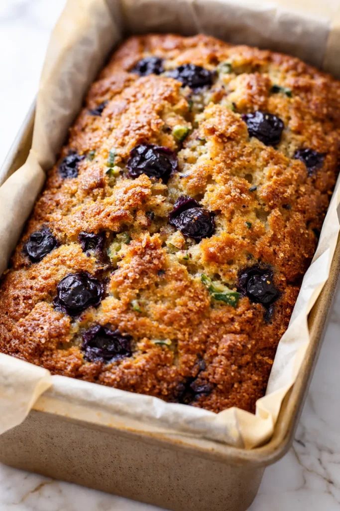 Moist blueberry banana zucchini bread with a golden crust, studded with juicy blueberries and topped with crunchy walnuts.