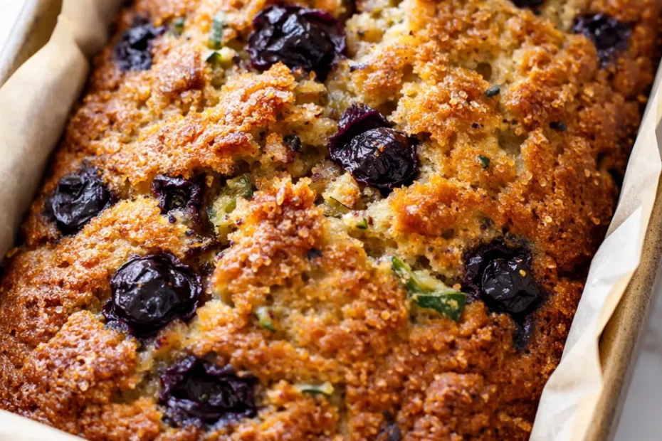 Moist blueberry banana zucchini bread with a golden crust, studded with juicy blueberries and topped with crunchy walnuts.