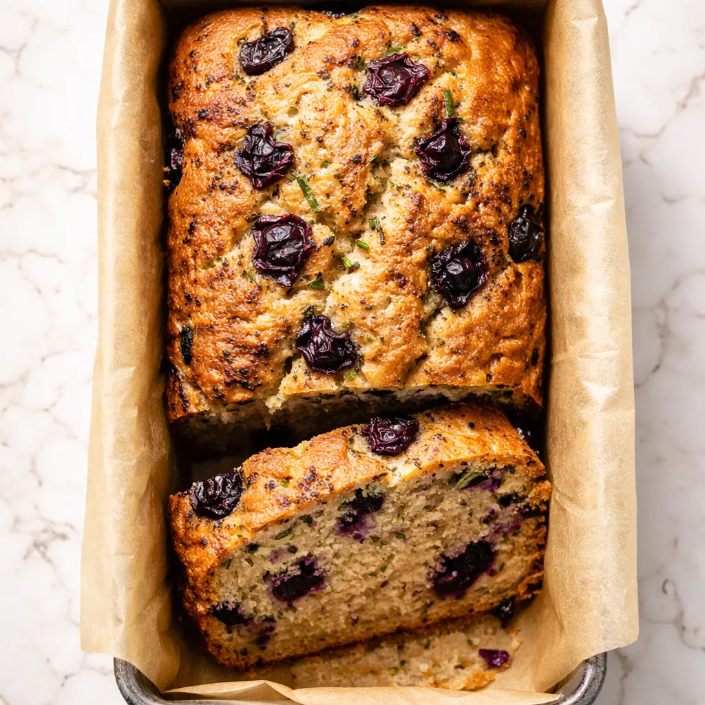 Moist slice of blueberry banana zucchini bread studded with fresh blueberries, showing tender crumb and green zucchini flecks.