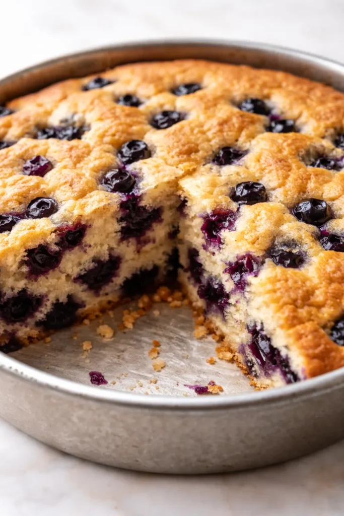 Blueberry breakfast cake with tender crumb, dotted with tart blueberries, dusted with powdered sugar on a white plate.
