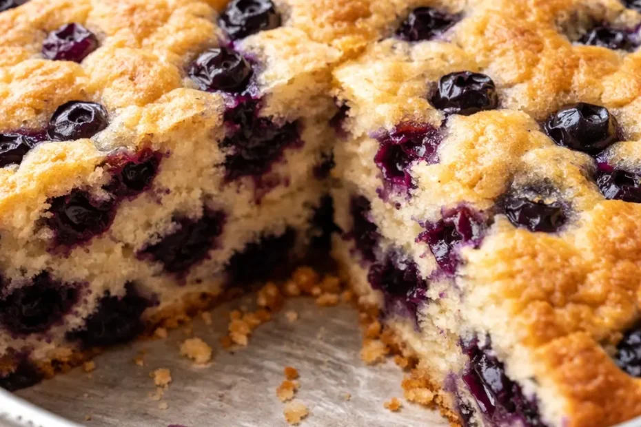 Blueberry breakfast cake with tender crumb, dotted with tart blueberries, dusted with powdered sugar on a white plate.