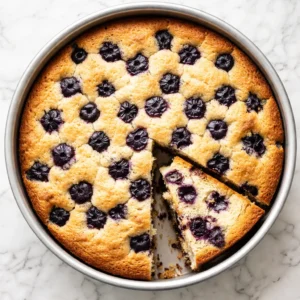 Stirring blueberry breakfast cake batter with fresh blueberries for a tender and tart cake.