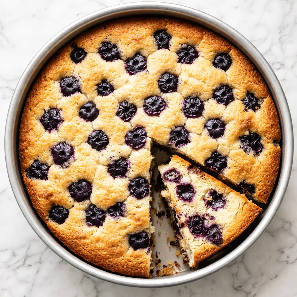 Stirring blueberry breakfast cake batter with fresh blueberries for a tender and tart cake.