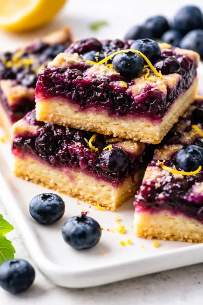 Blueberry lemon pie bars with golden crumble topping, fresh blueberries, and a drizzle of lemon glaze on a white plate.