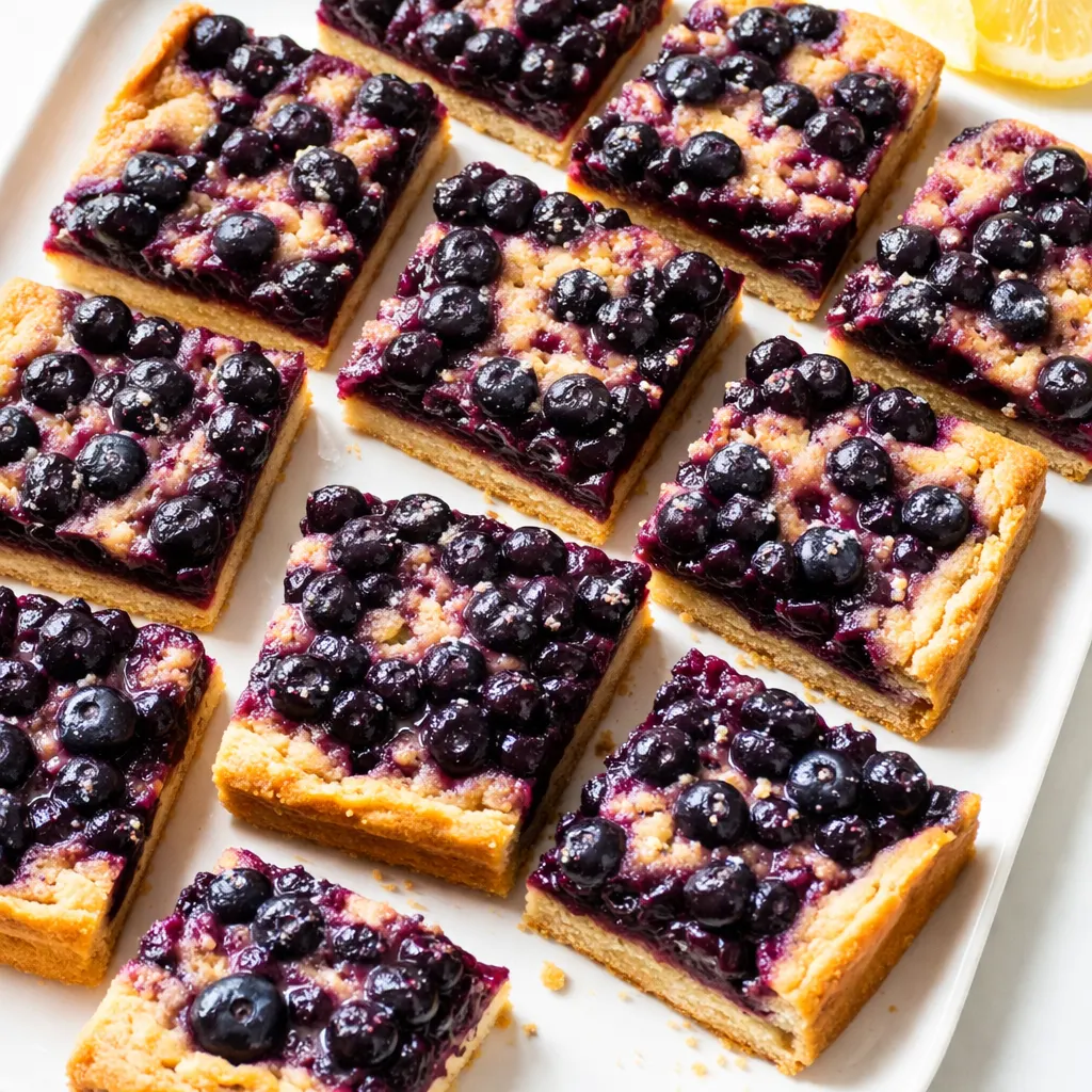 Lemon curd being drizzled over a layer of fresh blueberries on a buttery crust, creating blueberry lemon pie bars with golden crumb topping.