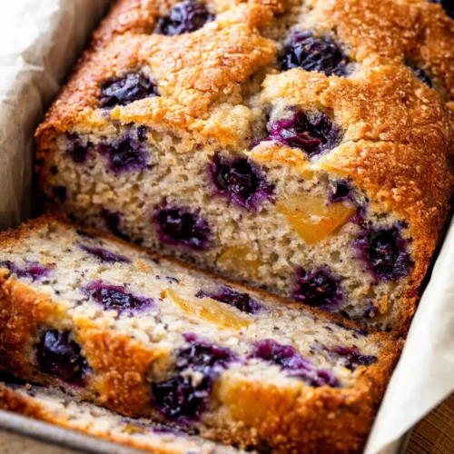 Freshly baked blueberry peach bread loaf with golden crust, studded with berries and peach pieces.