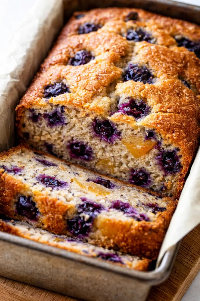 Freshly baked blueberry peach bread loaf with golden crust, studded with berries and peach pieces.