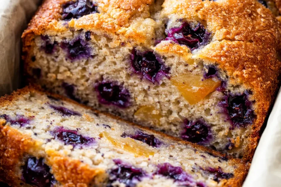 Freshly baked blueberry peach bread loaf with golden crust, studded with berries and peach pieces.