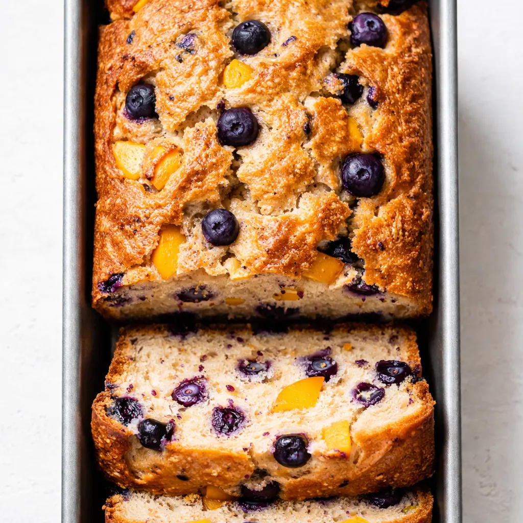 Golden slice of blueberry peach bread with visible juicy berries and peach chunks, moist crumb without sogginess.