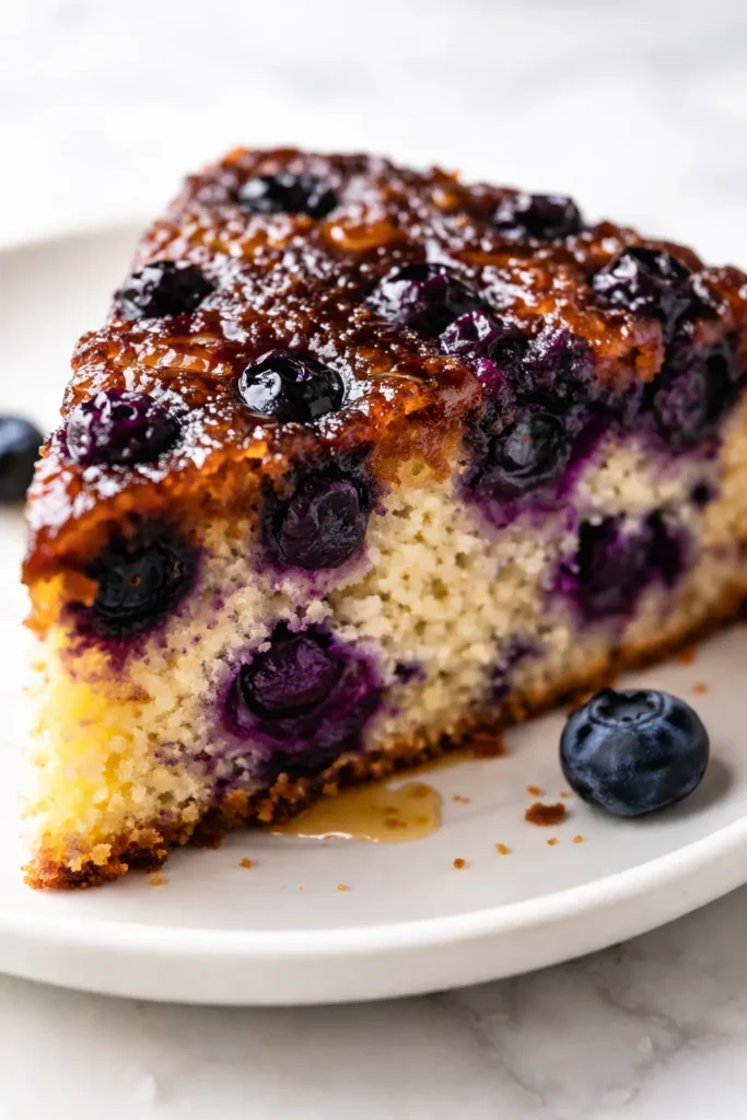 Blueberry upside down cake with caramelized blueberries on top, golden brown edges, and a tender crumb that stays perfectly dry.