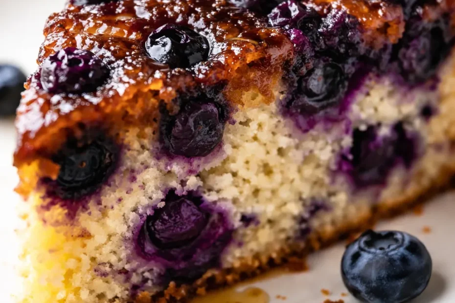 Blueberry upside down cake with caramelized blueberries on top, golden brown edges, and a tender crumb that stays perfectly dry.