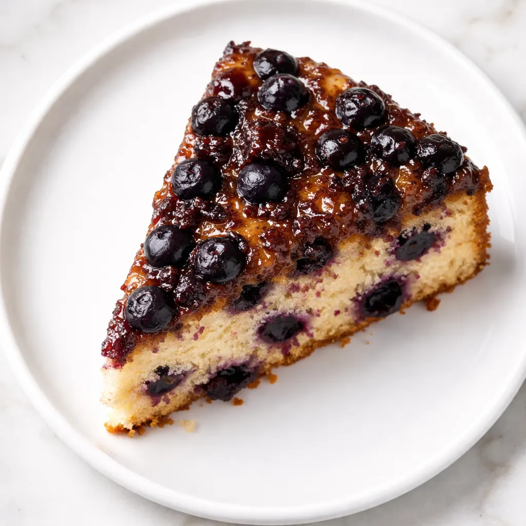 Blueberry upside down cake batter spread over a layer of glossy blueberries and caramelized sugar, ready for baking.