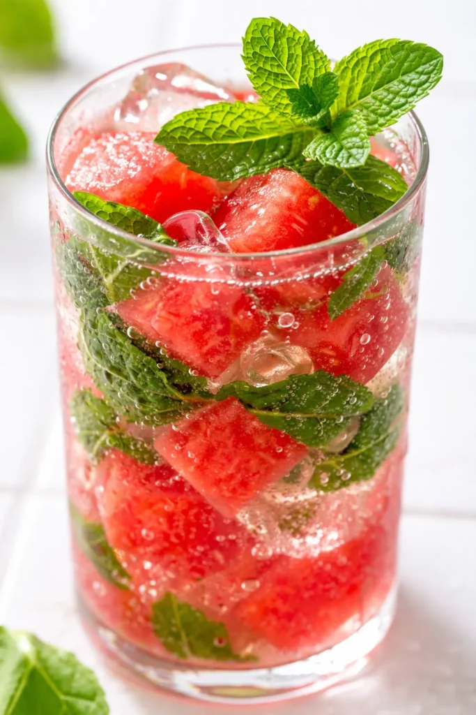 Tall glass filled with vibrant red watermelon mojito, ice cubes, fresh mint sprigs, and lime slices against a bright background, emphasizing its cool and refreshing appearance.