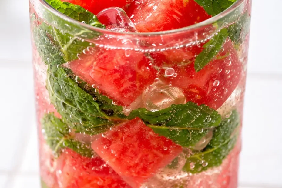 Tall glass filled with vibrant red watermelon mojito, ice cubes, fresh mint sprigs, and lime slices against a bright background, emphasizing its cool and refreshing appearance.