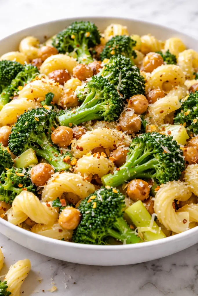 Broccoli chickpea pasta in a creamy sauce with tender broccoli florets, chickpeas, and parmesan garnish in a skillet.