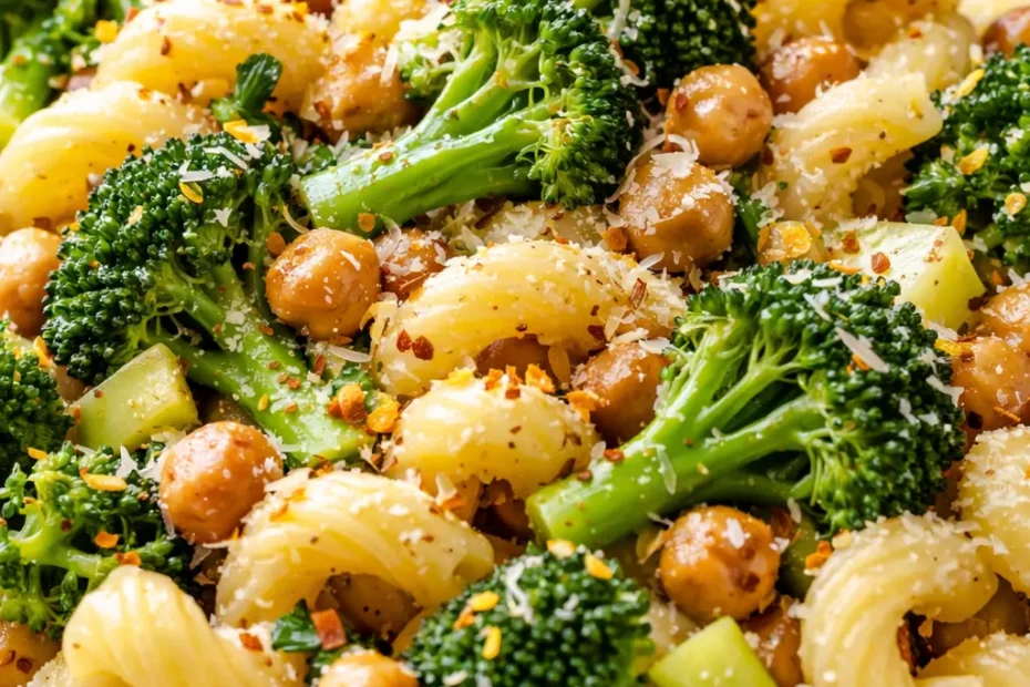 Broccoli chickpea pasta in a creamy sauce with tender broccoli florets, chickpeas, and parmesan garnish in a skillet.