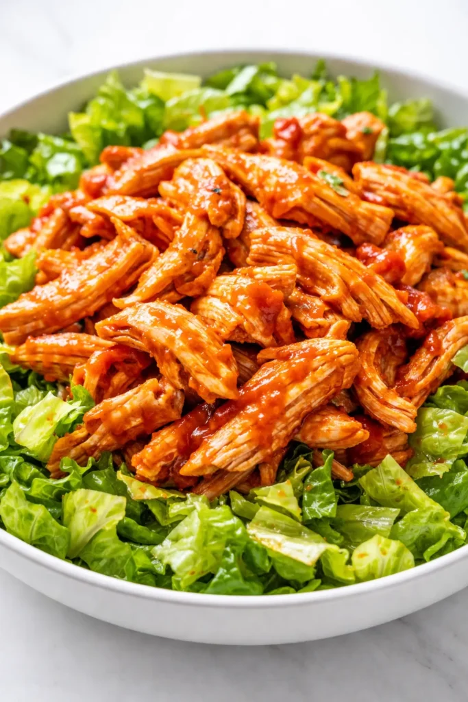 Creamy buffalo chicken salad with crunchy celery, carrots, and blue cheese crumbles in a white bowl, staying fresh and non-soggy.