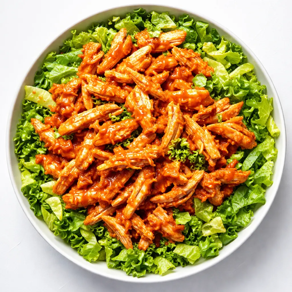 Diced vegetables and shredded buffalo chicken salad with creamy dressing, mixed in a bowl, vibrant colors and creamy texture.