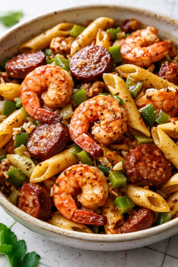 Creamy Cajun shrimp and sausage pasta featuring smoky andouille sausage and succulent shrimp in a rich, spicy cream sauce