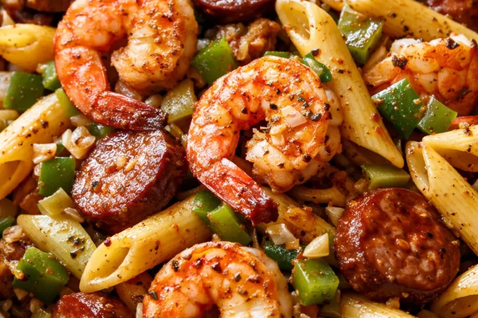 Creamy Cajun shrimp and sausage pasta featuring smoky andouille sausage and succulent shrimp in a rich, spicy cream sauce