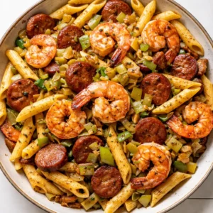 Shrimp and sausage pieces simmering in a creamy, smoky Cajun sauce with red bell pepper and green onion, capturing the rich texture and vibrant colors of the dish.