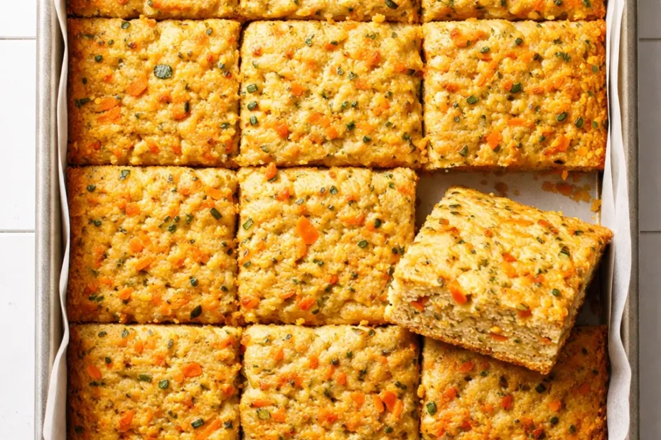 Pale orange batter with shredded carrots and zucchini being poured into a greased baking dish, speckled with orange zest.