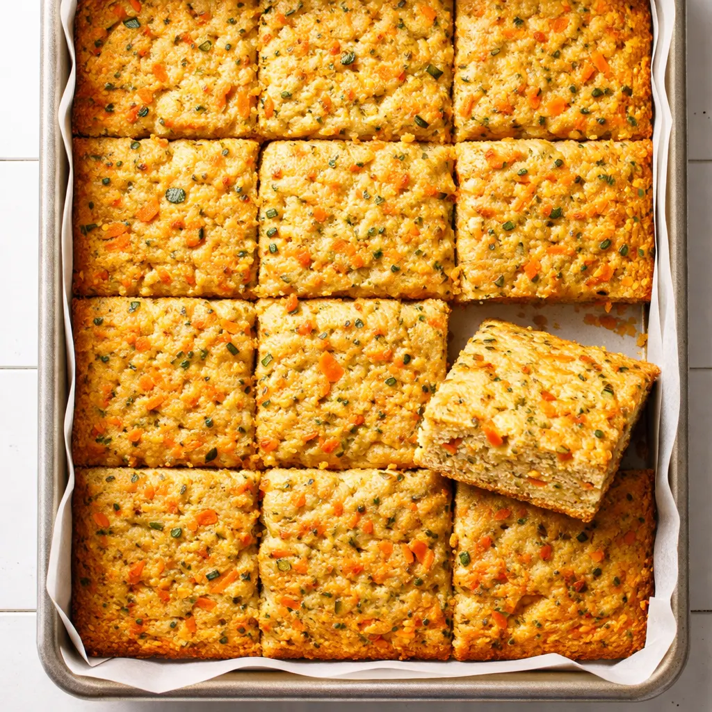 Pale orange batter with shredded carrots and zucchini being poured into a greased baking dish, speckled with orange zest.
