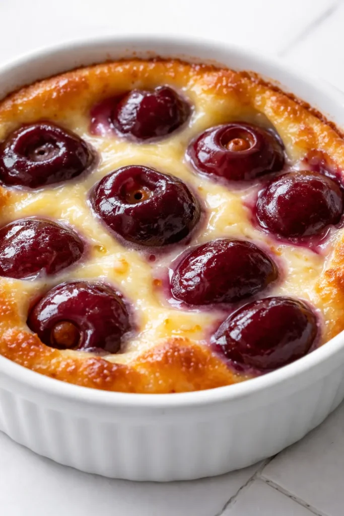 Silky golden cherry clafoutis baked in a rustic ceramic dish, studded with dark cherries and lightly dusted with powdered sugar.