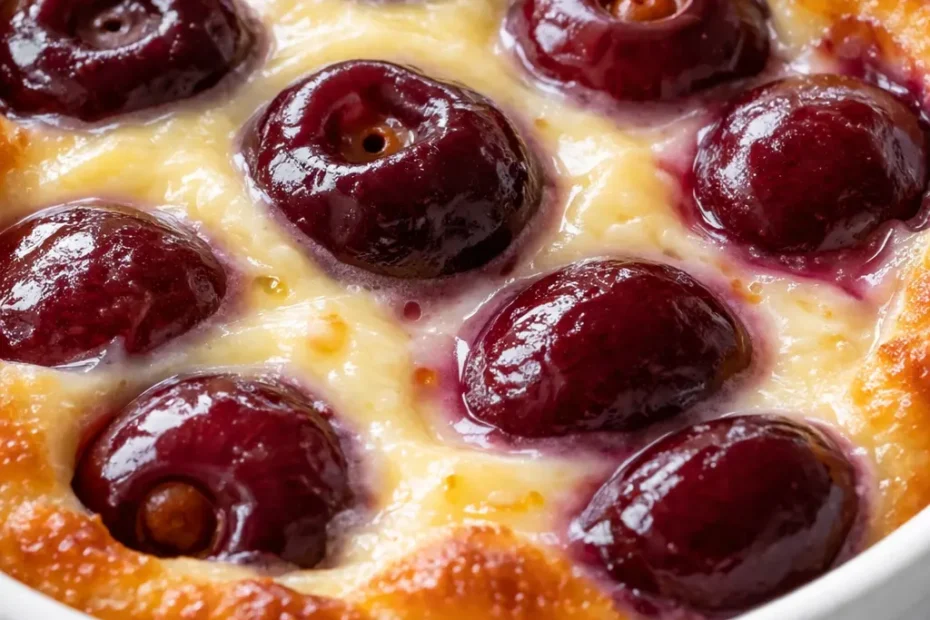 Silky golden cherry clafoutis baked in a rustic ceramic dish, studded with dark cherries and lightly dusted with powdered sugar.