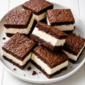 Sliced chewy brownie ice cream sandwich with fudgy chocolate brownie and creamy vanilla ice cream, no soggy or cracked edges.