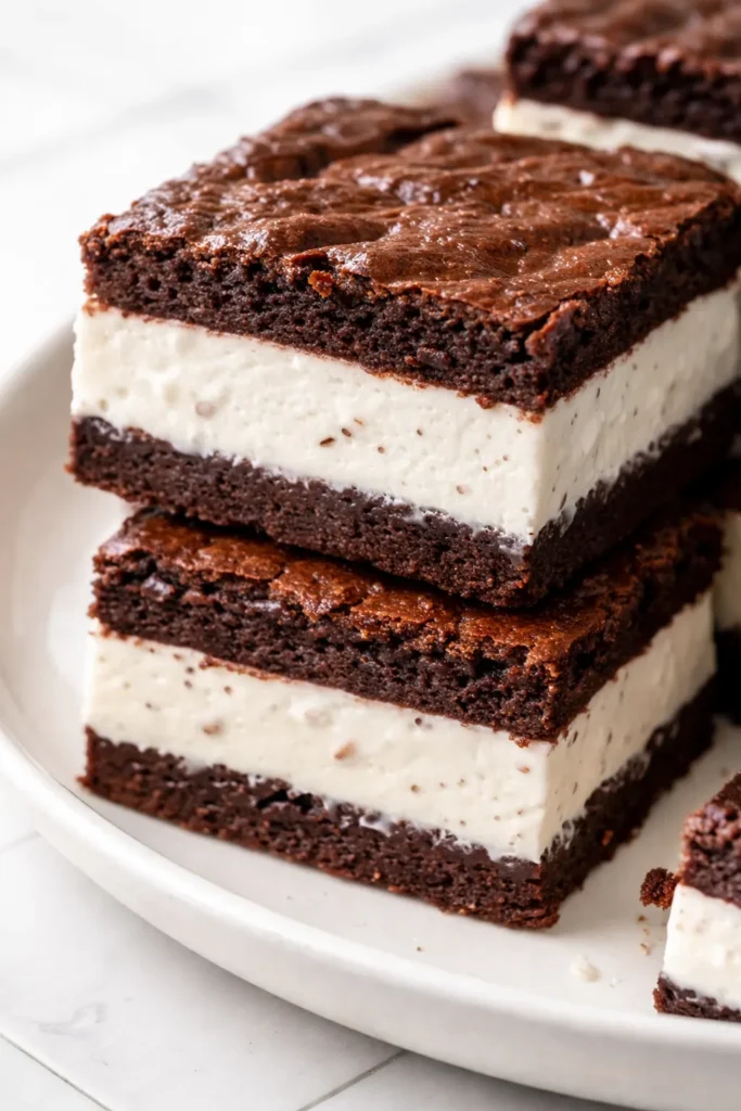 Chewy brownie ice cream sandwich with fudgy brownie layers and creamy vanilla ice cream, no cracking or sogginess.