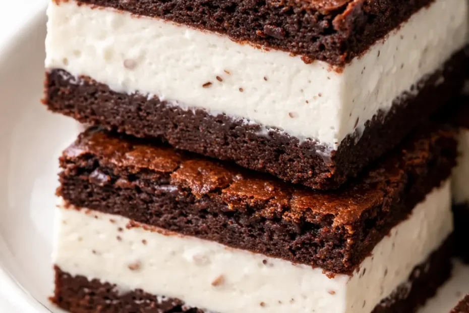 Chewy brownie ice cream sandwich with fudgy brownie layers and creamy vanilla ice cream, no cracking or sogginess.