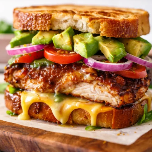 Golden crispy bread with melted cheese, tender chicken, and fresh avocado slices in a chicken avocado melt sandwich.