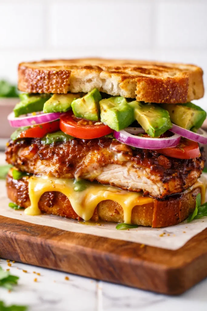 Golden crispy bread with melted cheese, tender chicken, and fresh avocado slices in a chicken avocado melt sandwich.
