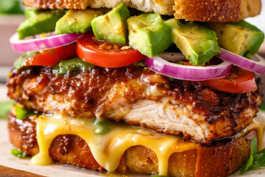 Golden crispy bread with melted cheese, tender chicken, and fresh avocado slices in a chicken avocado melt sandwich.