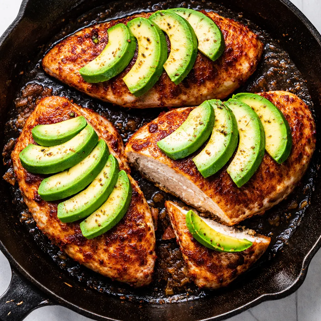 Golden brown crispy chicken avocado melt with melted cheese and fresh avocado slices on toasted bread