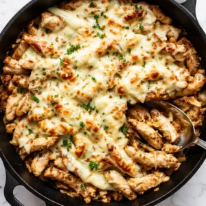 Juicy chicken cheesesteak skillet with melted provolone cheese, sautéed bell peppers and onions, cooked in a cast iron pan.