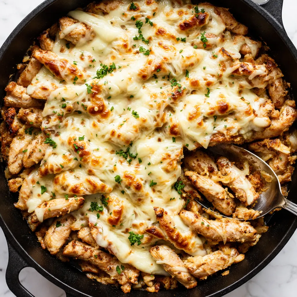 Juicy chicken cheesesteak skillet with melted provolone cheese, sautéed bell peppers and onions, cooked in a cast iron pan.