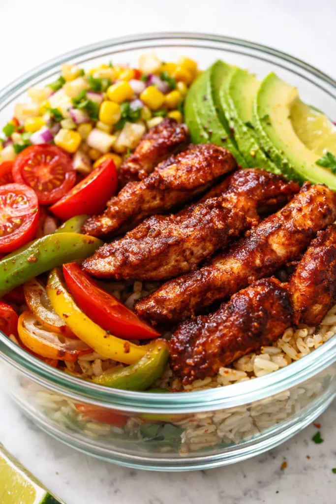 Colorful chicken fajita meal prep bowls with tender grilled chicken, sautéed peppers and onions, black beans, and cilantro lime rice, garnished with fresh cilantro.