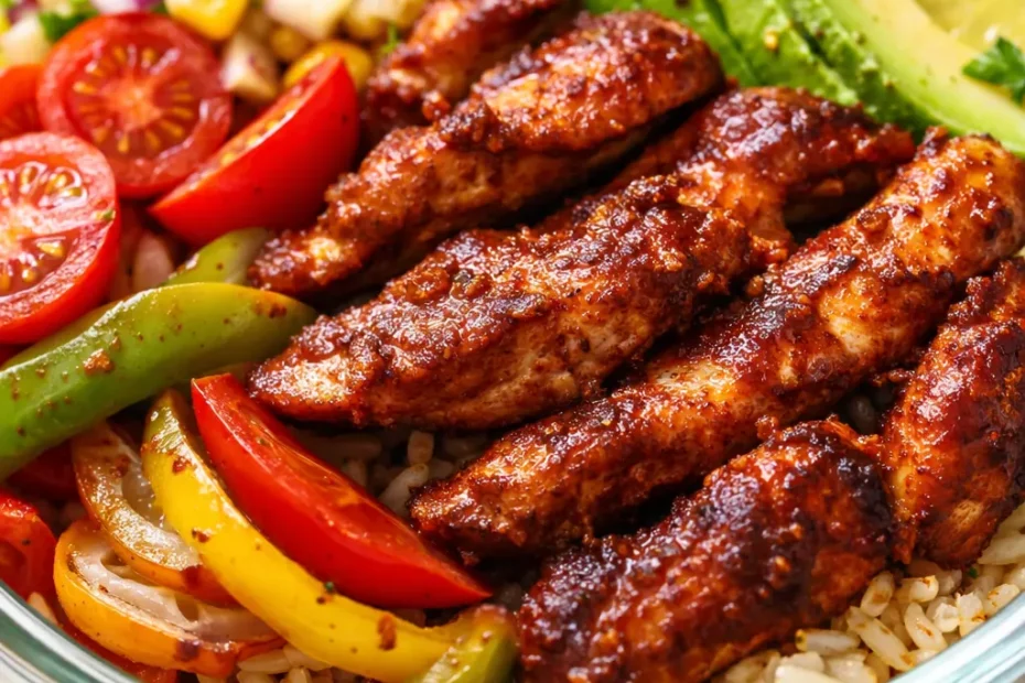 Colorful chicken fajita meal prep bowls with tender grilled chicken, sautéed peppers and onions, black beans, and cilantro lime rice, garnished with fresh cilantro.